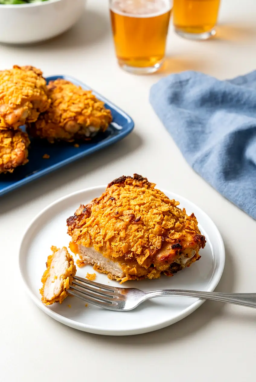 Air Fryer Cornflake Chicken Thighs served on a white plate with extra chicken on a blue platter and beer in the background