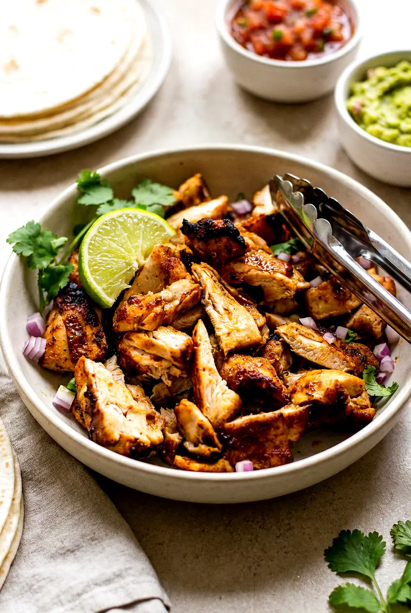 Air fryer chicken thighs for tacos served chopped in warm tortillas with lime and cilantro