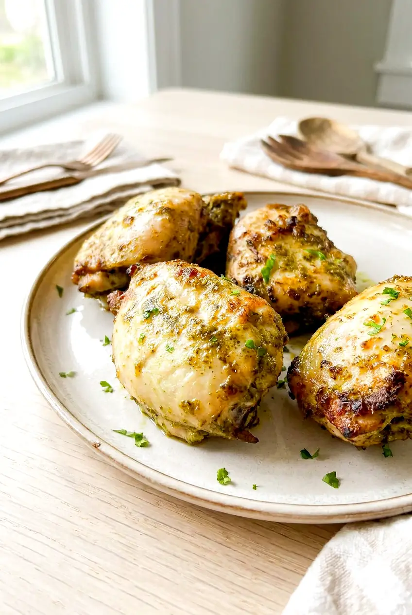 Air fryer pesto chicken thighs served on a light brown plate with herbs.