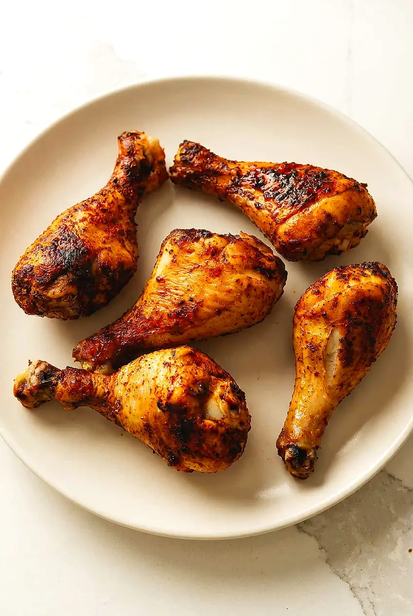 Crispy air fryer chicken legs plated with browned skin and smoky seasoning