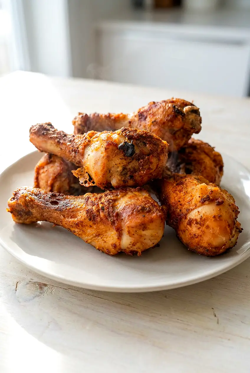 Extra crispy air fryer chicken legs served on a plate with golden browned skin