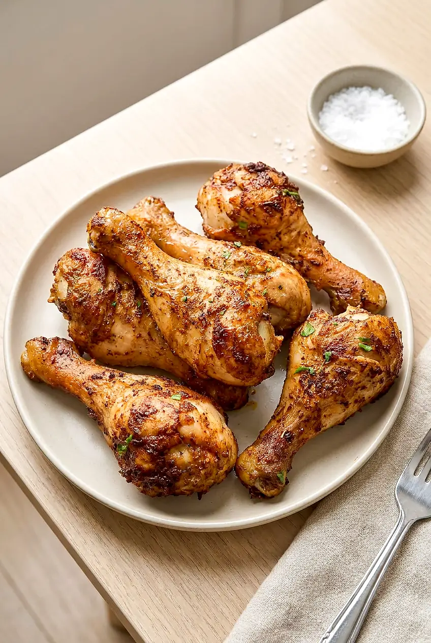 Air fryer chicken drumsticks served on a plate with browned, lightly crisp skin and smoky seasoning