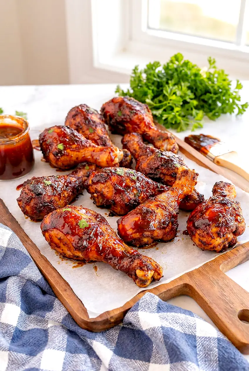 Air fryer BBQ chicken legs on a parchment-lined board with glossy sauce and browned skin