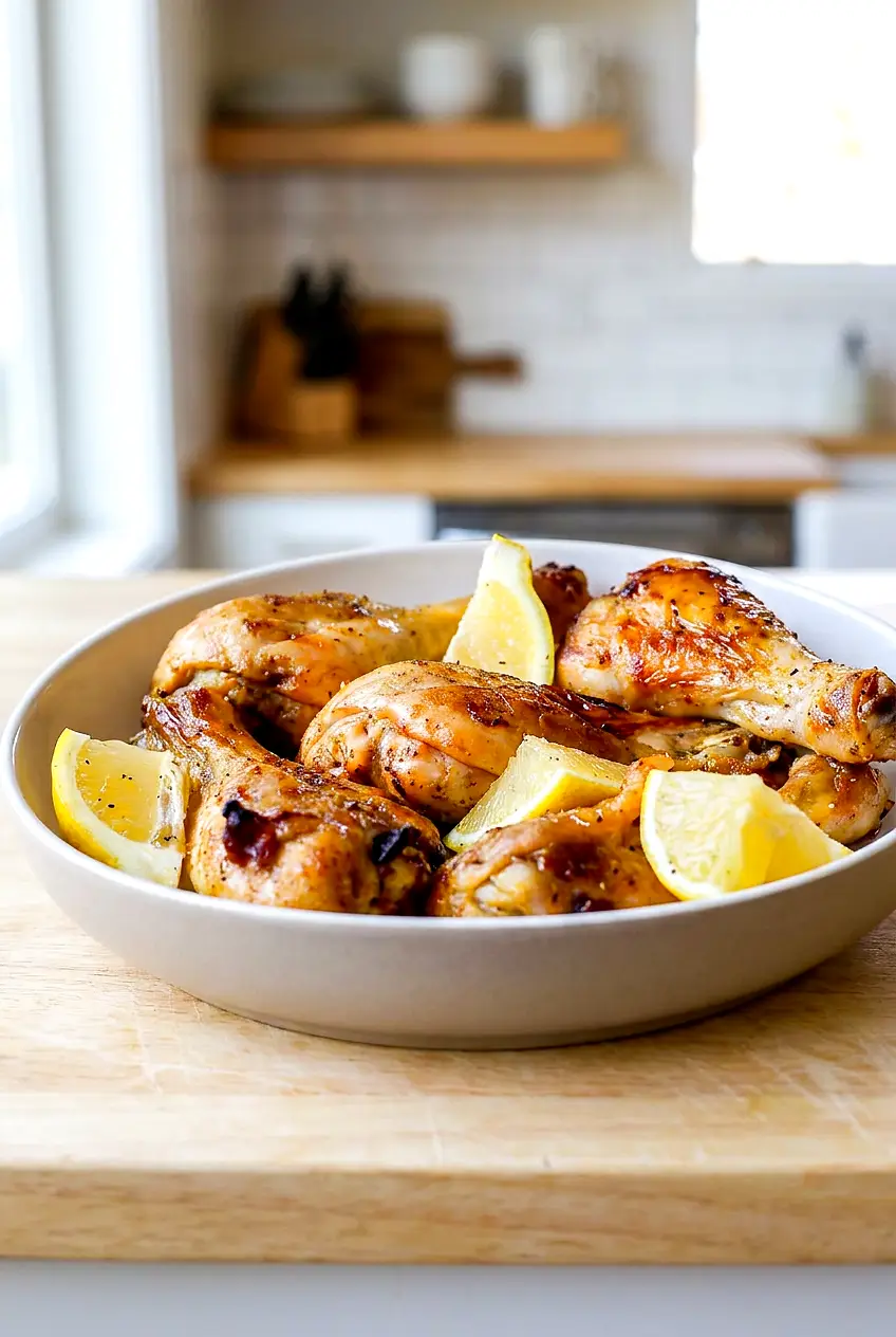 Air fryer lemon pepper chicken drumsticks served on a plate with crisp browned skin and lemon wedges.
