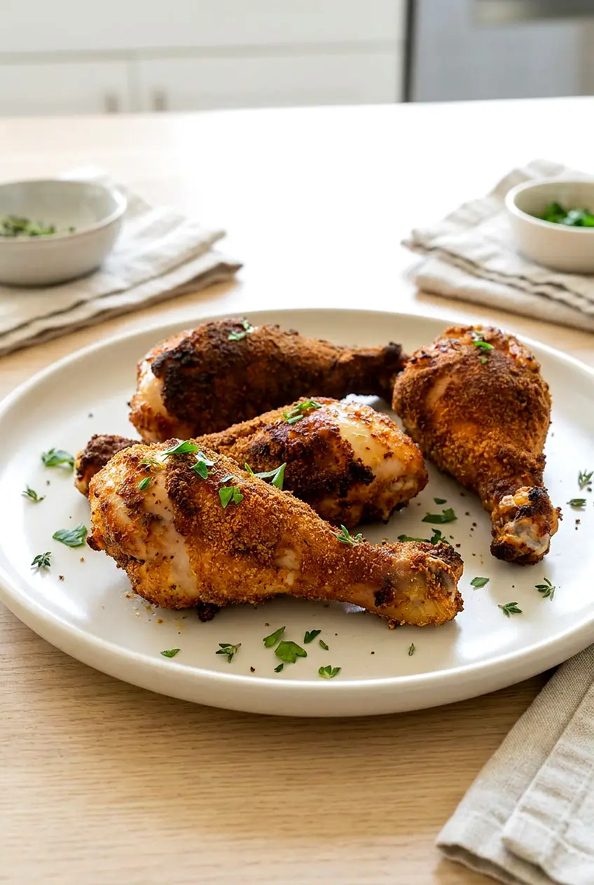 Air fryer breaded chicken legs plated with a golden crispy crust