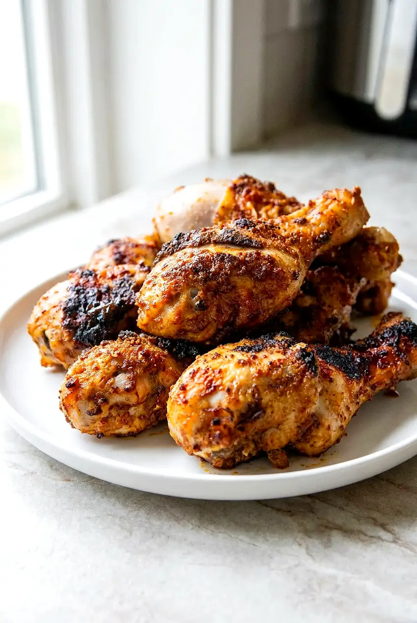 Air fryer brown sugar chicken legs piled on a white plate with caramelized skin and crisp edges