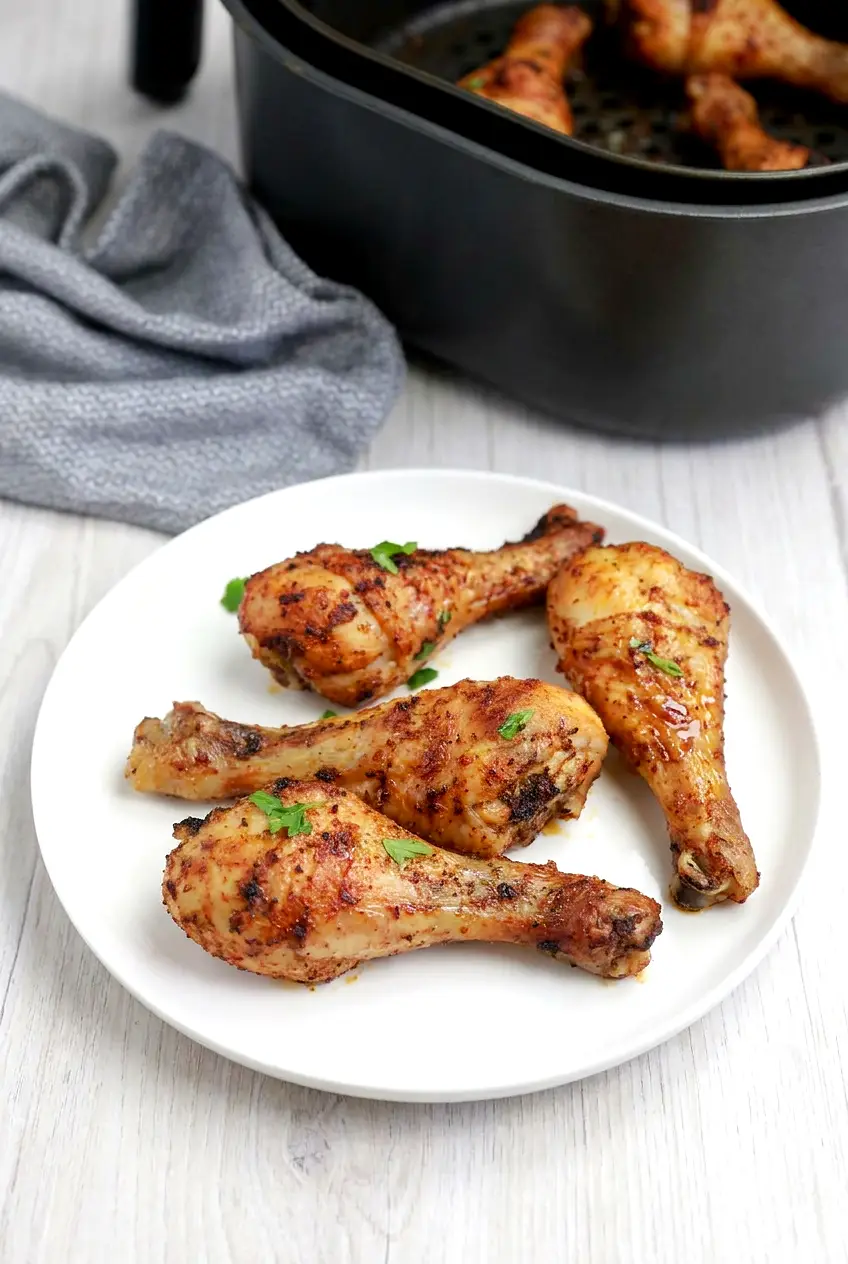 Air fryer frozen chicken drumsticks on a white plate with browned skin and light paprika seasoning