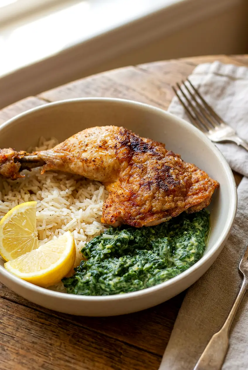 Air fryer chicken leg quarters served on a plate with rice and cream spinach