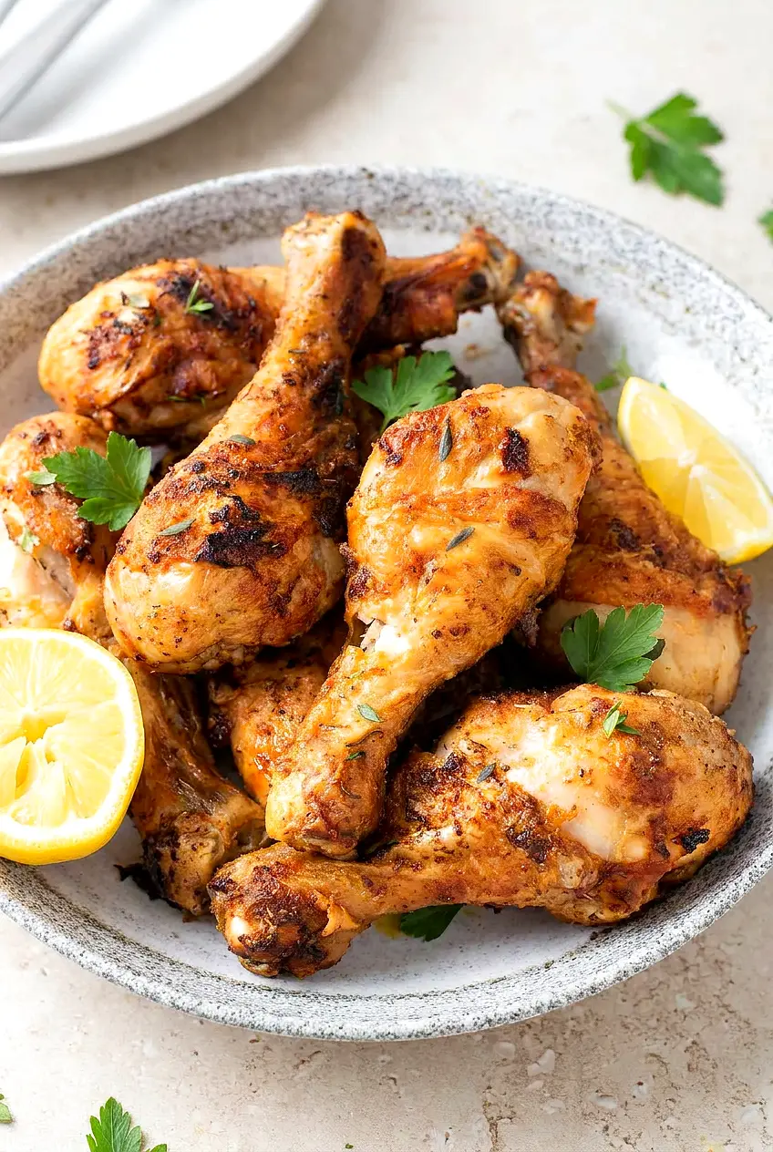 Keto air fryer chicken drumsticks plated with lemon wedges and parsley.