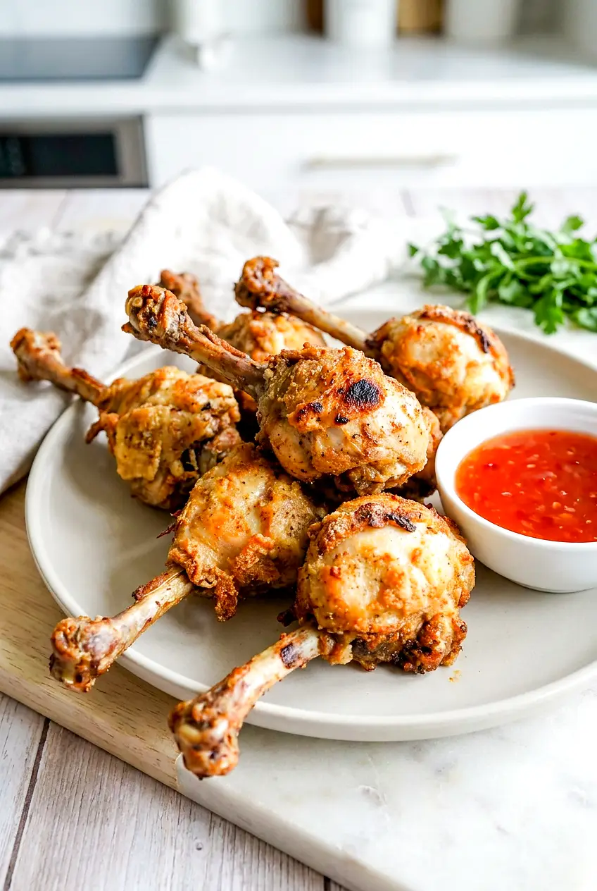 Air fryer lollipop chicken legs served on a platter with crisp browned skin and sweet chili sauce on the side