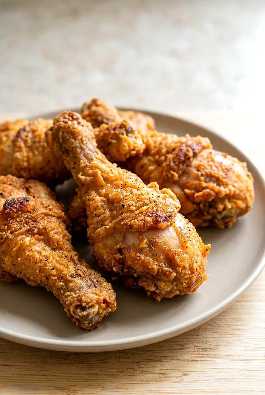 Air fryer Southern style chicken legs on a plate with a golden crispy coating