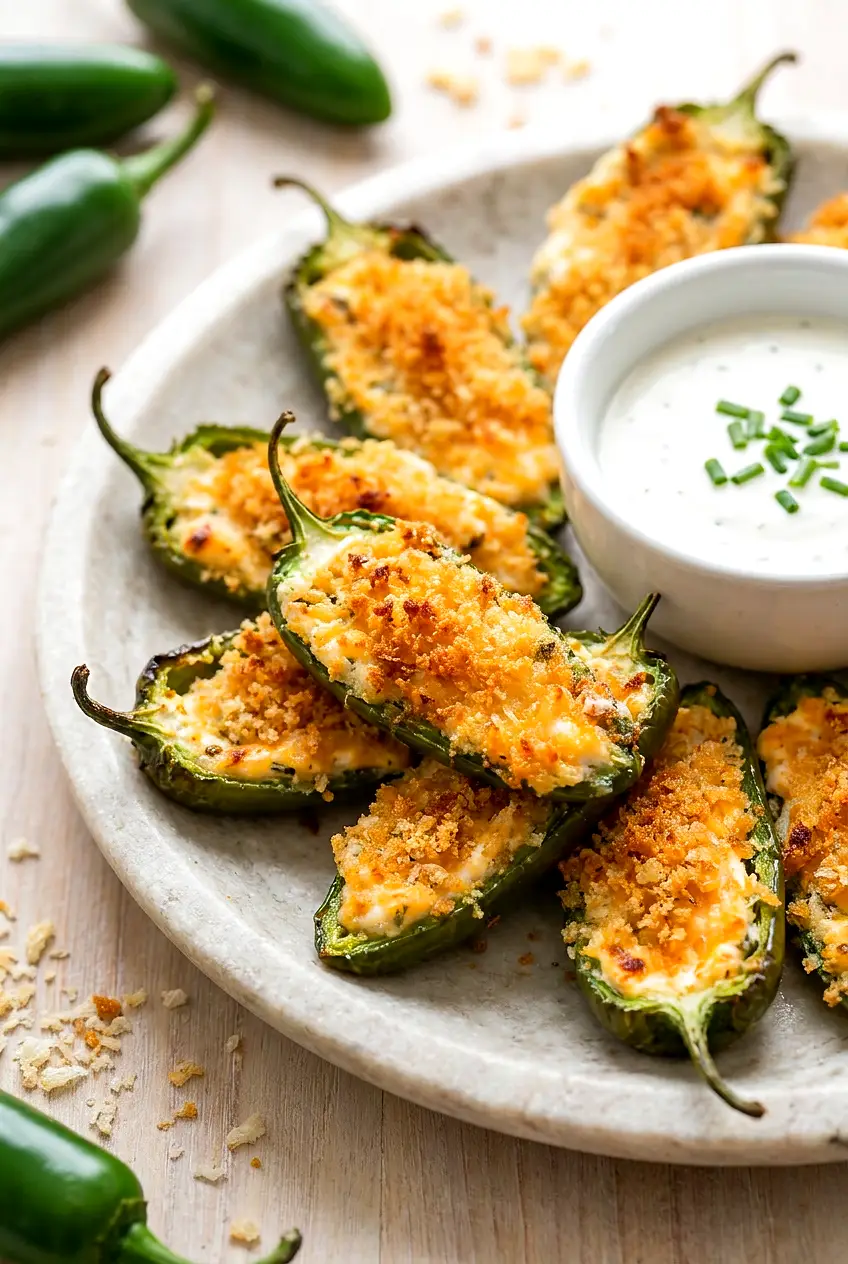 Plate of air fryer jalapeno poppers served with ranch dressing