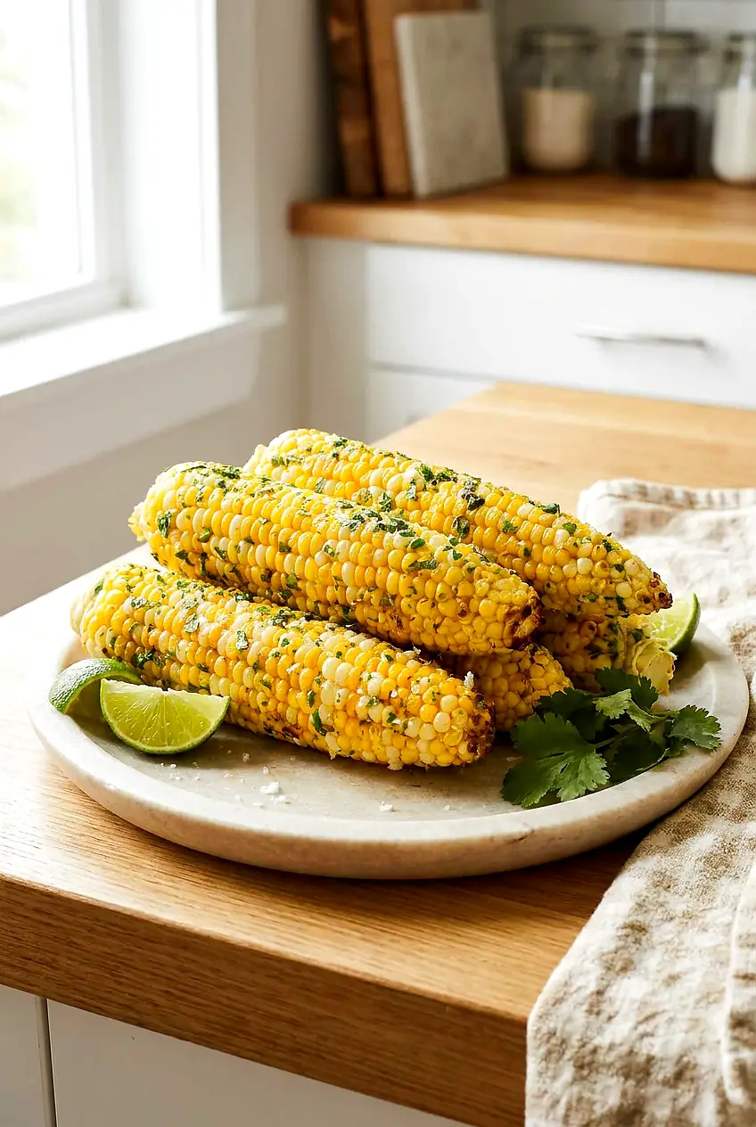 Air fryer corn on the cob on a plate with melted butter and lime wedges