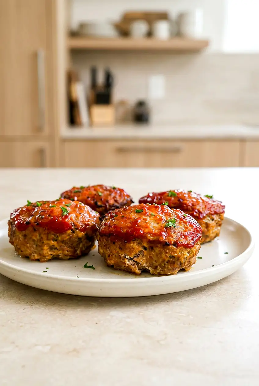 Air fryer turkey meatloaf mini loaves glazed and served on a plate with parsley garnish