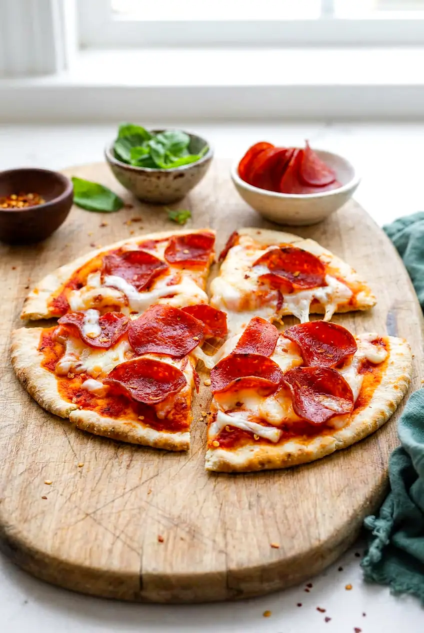 Sliced air fryer pita pizza on a cutting board with melted cheese and browned edges.