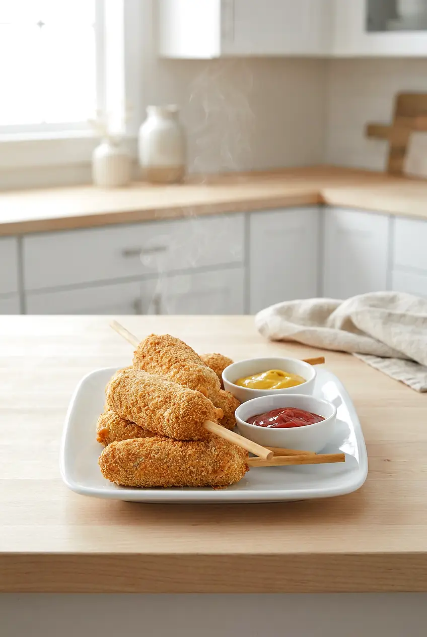 Air fryer corn dogs served on a plate with crisp golden coating.