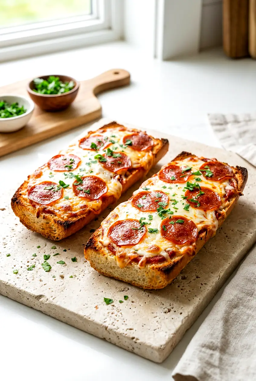 Air fryer French bread pizza served with melted mozzarella, golden crisp edges, and parsley on top