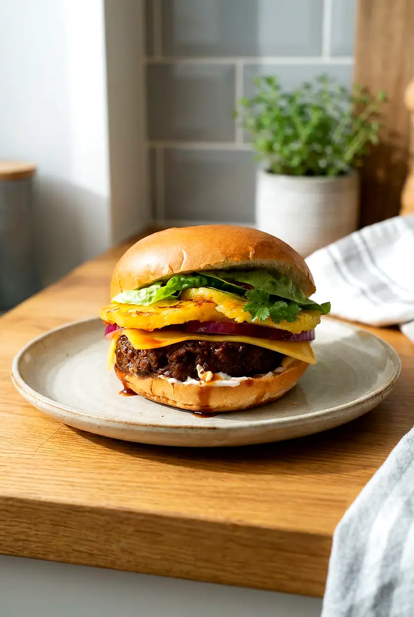Air Fryer Beyond Burger served on a bun with vegan cheese, lettuce, tomato, pickles, and sauce