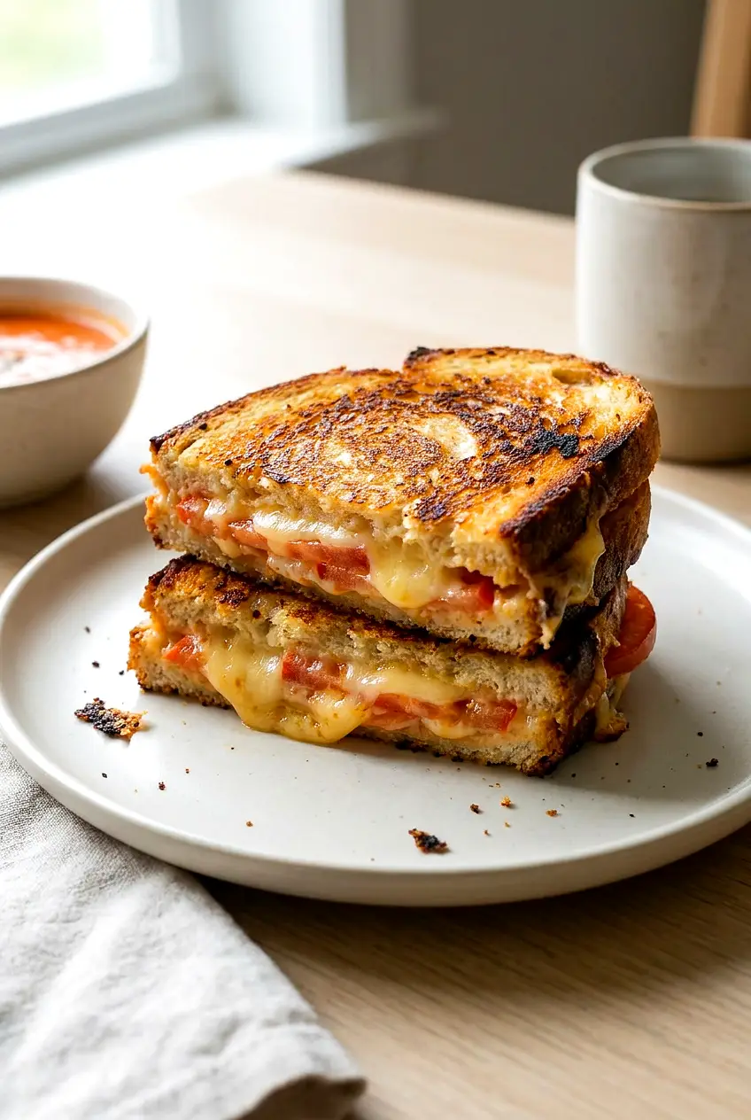 Air fryer grilled tomato and cheese sandwich on a plate with golden crisp bread and melted cheese.