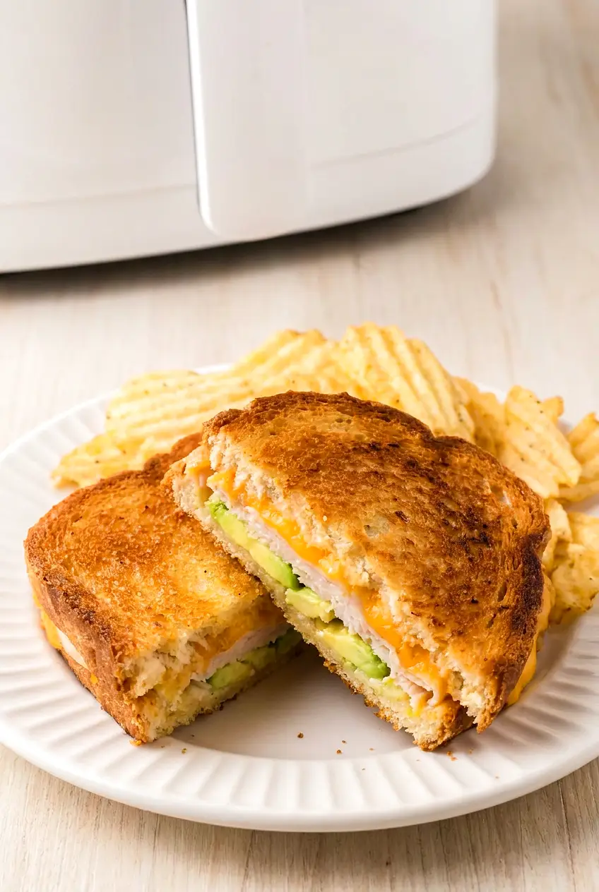 Air fryer turkey cheese melt sandwich on a small round plate with chips, cut in half to show melted cheese and avocado