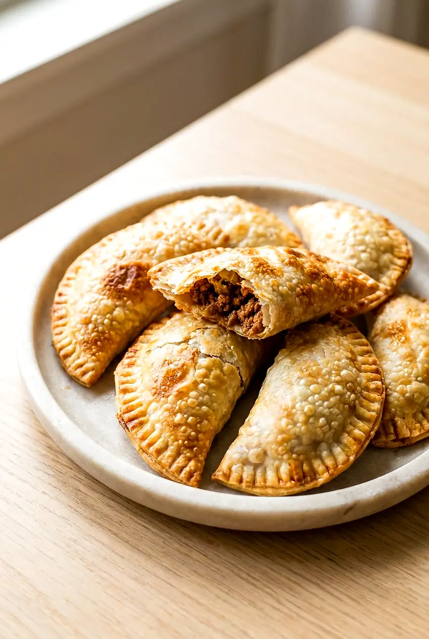Air fryer empanadas served on a plate with golden crisp pastry and beef filling