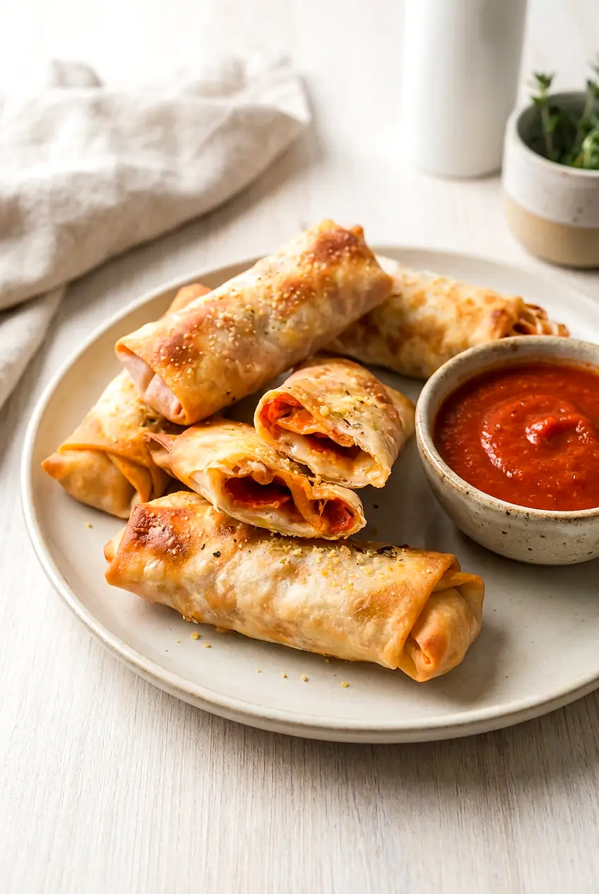 Air fryer pizza egg rolls served on a plate with marinara dipping sauce