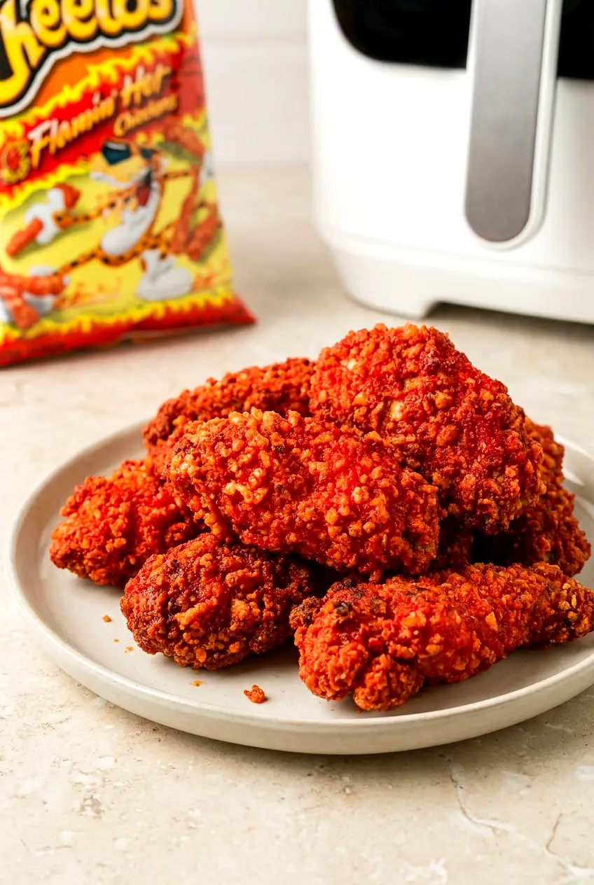 Air Fryer Flamin’ Hot Cheetos Chicken plated crispy on a dish with a Cheetos bag in the background