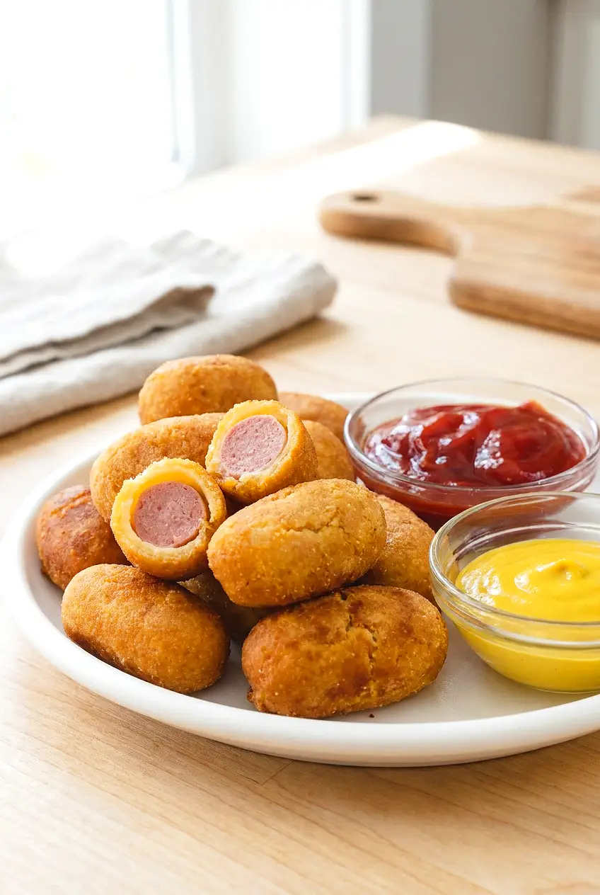 Air fryer mini corn dogs served on a platter with ketchup and mustard for dipping