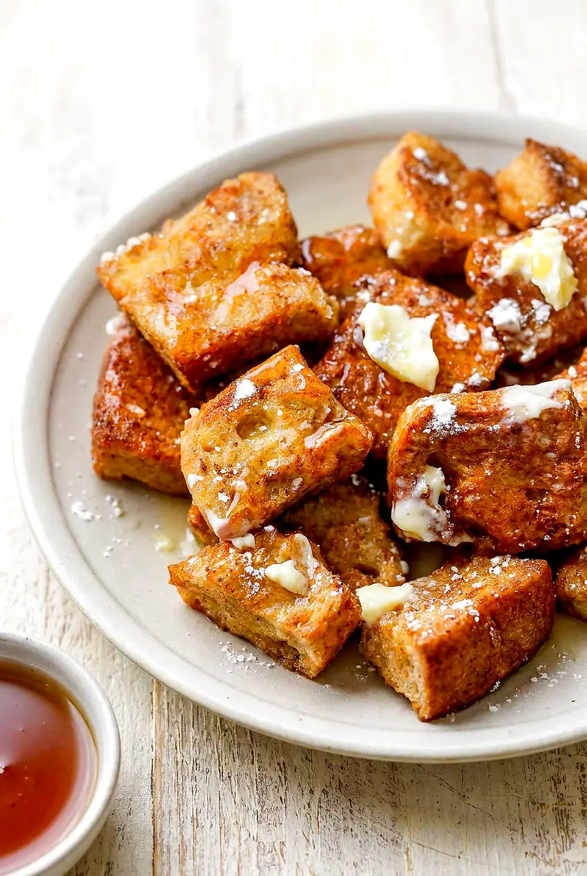 Air fryer French toast bites on a plate topped with melted butter and powdered sugar, with syrup in a small bowl