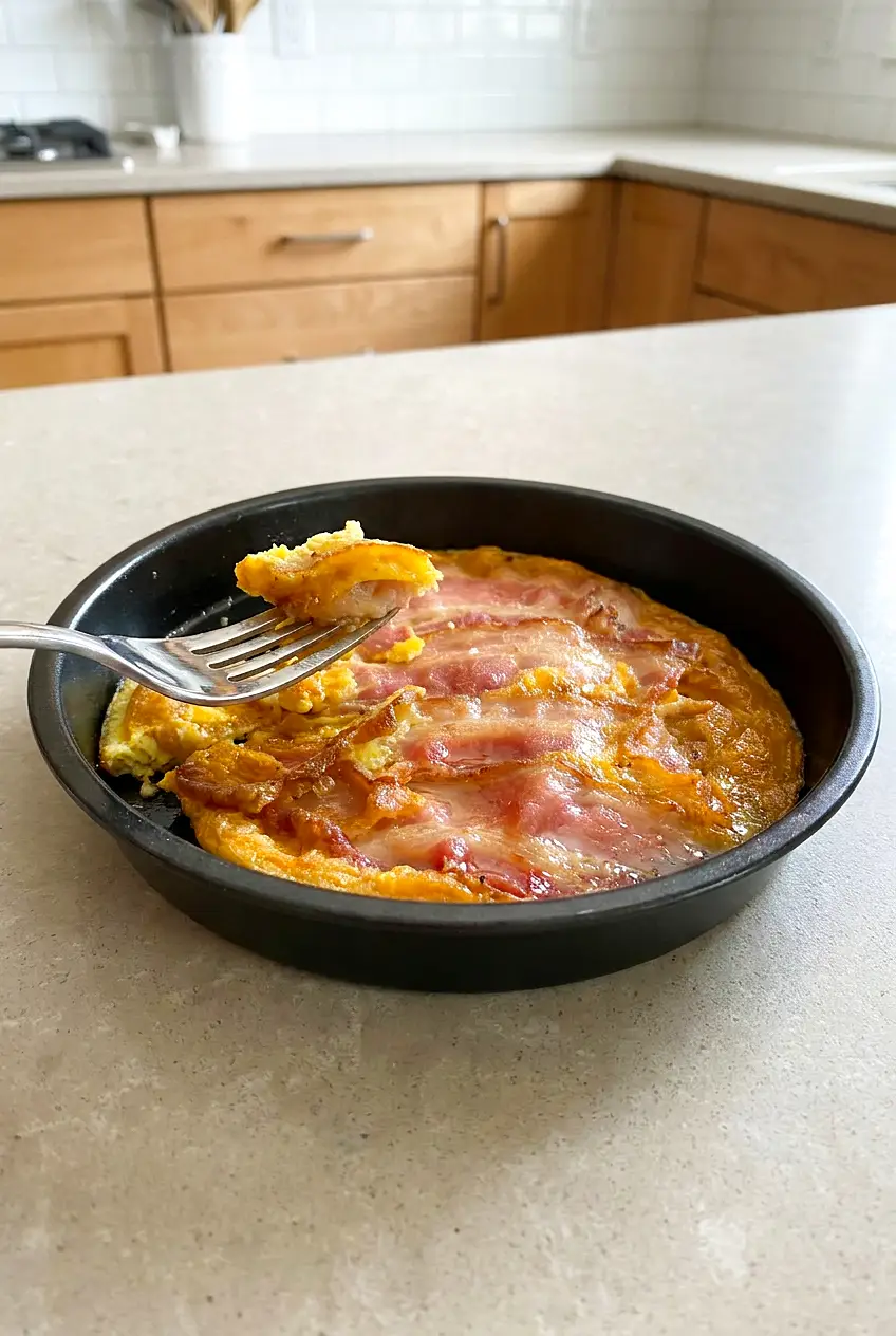 Air fryer bacon and eggs served in a shallow pan with browned bacon and set eggs
