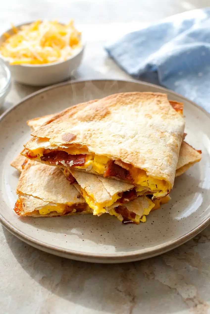 Air fryer breakfast quesadilla served golden and crisp on a plate with melted cheese filling.