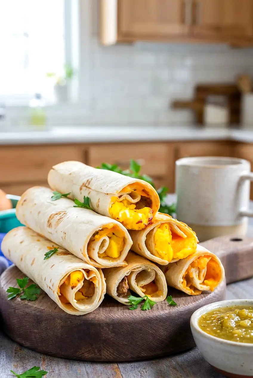 Air fryer breakfast taquitos served on a wooden board with crisp golden tortillas and salsa on the side