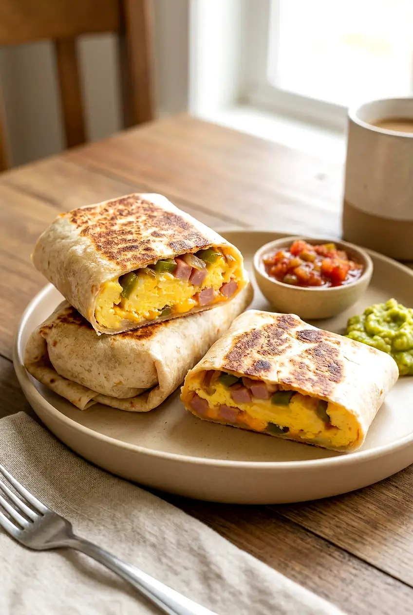 Air fryer breakfast wraps on a plate, sliced to show soft scrambled eggs, melted cheese, and browned tortilla edges.