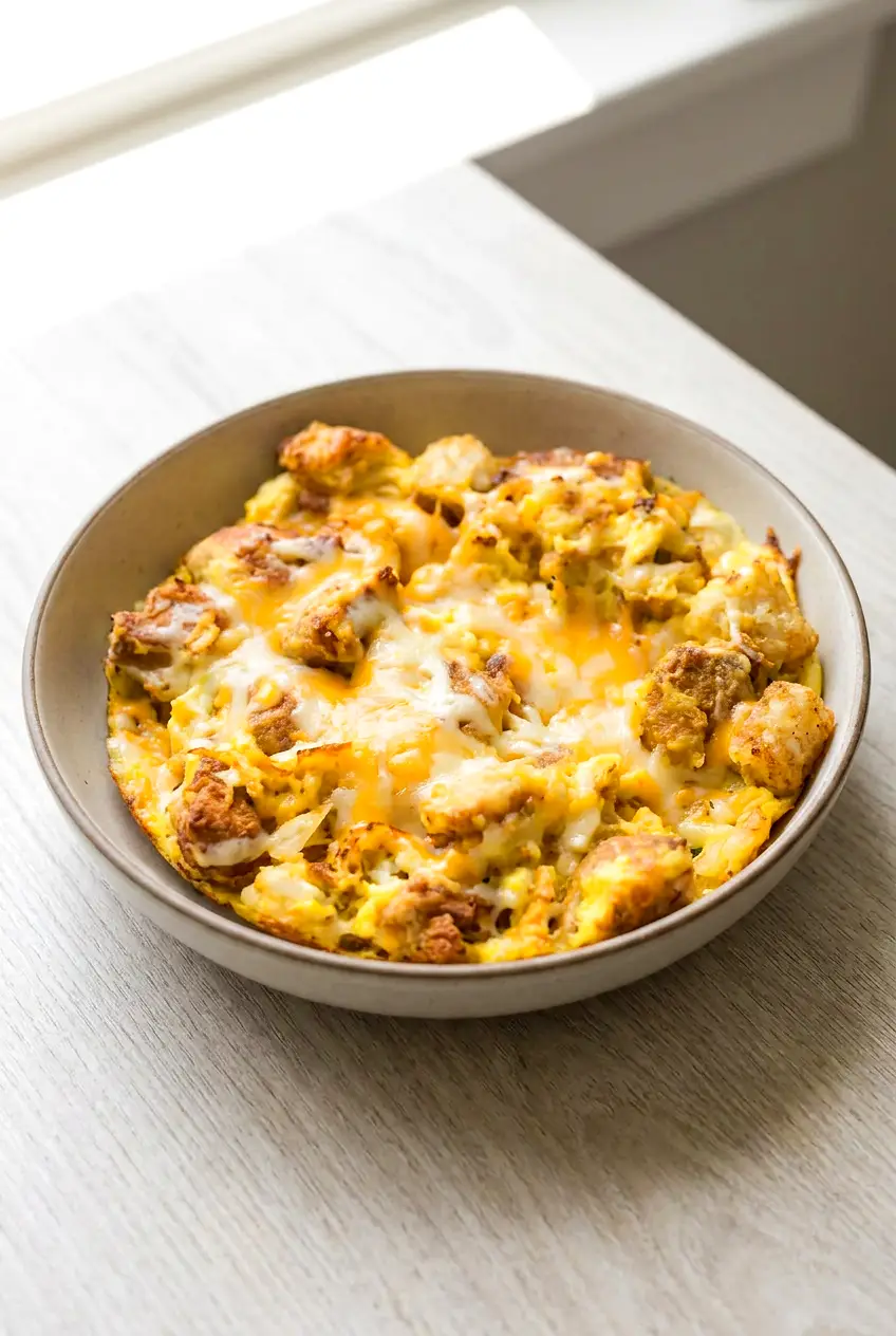 Air fryer breakfast bowl with eggs, chicken nuggets, tater tots, and melted cheddar served in a bowl