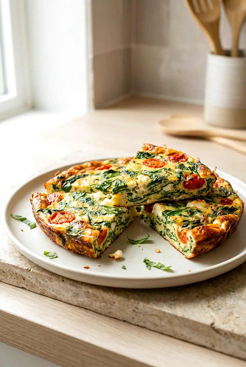 Air fryer spinach feta frittata served in wedges on a plate with cherry tomatoes and crumbled feta.