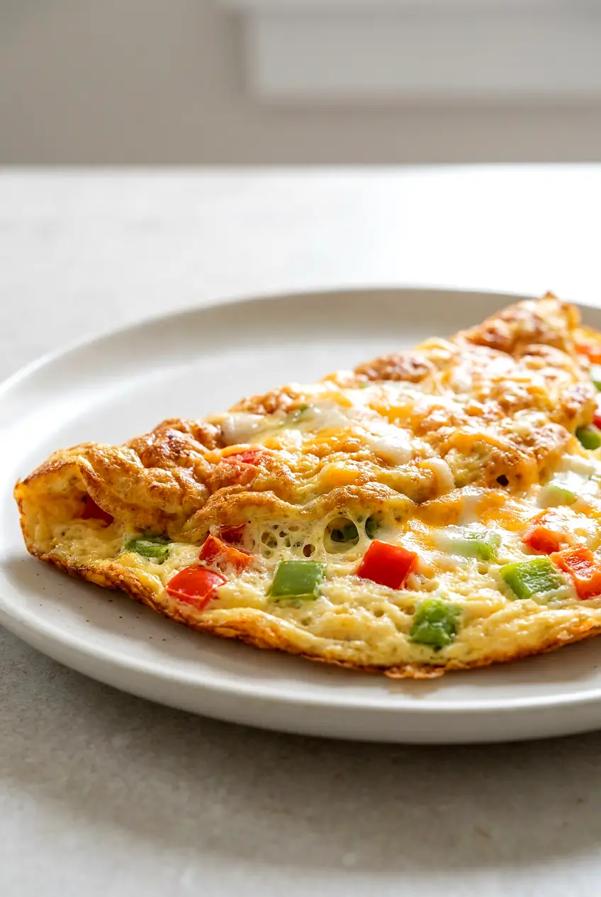 Air fryer cheese omelette served on a plate with melted cheese and diced bell peppers