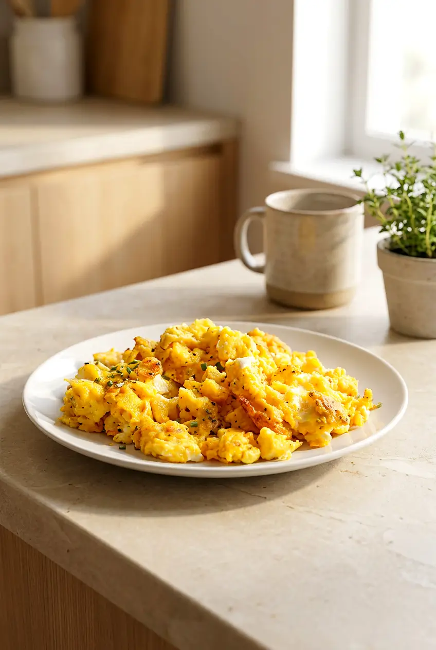 Air fryer scrambled eggs served on a white plate with melted cheddar