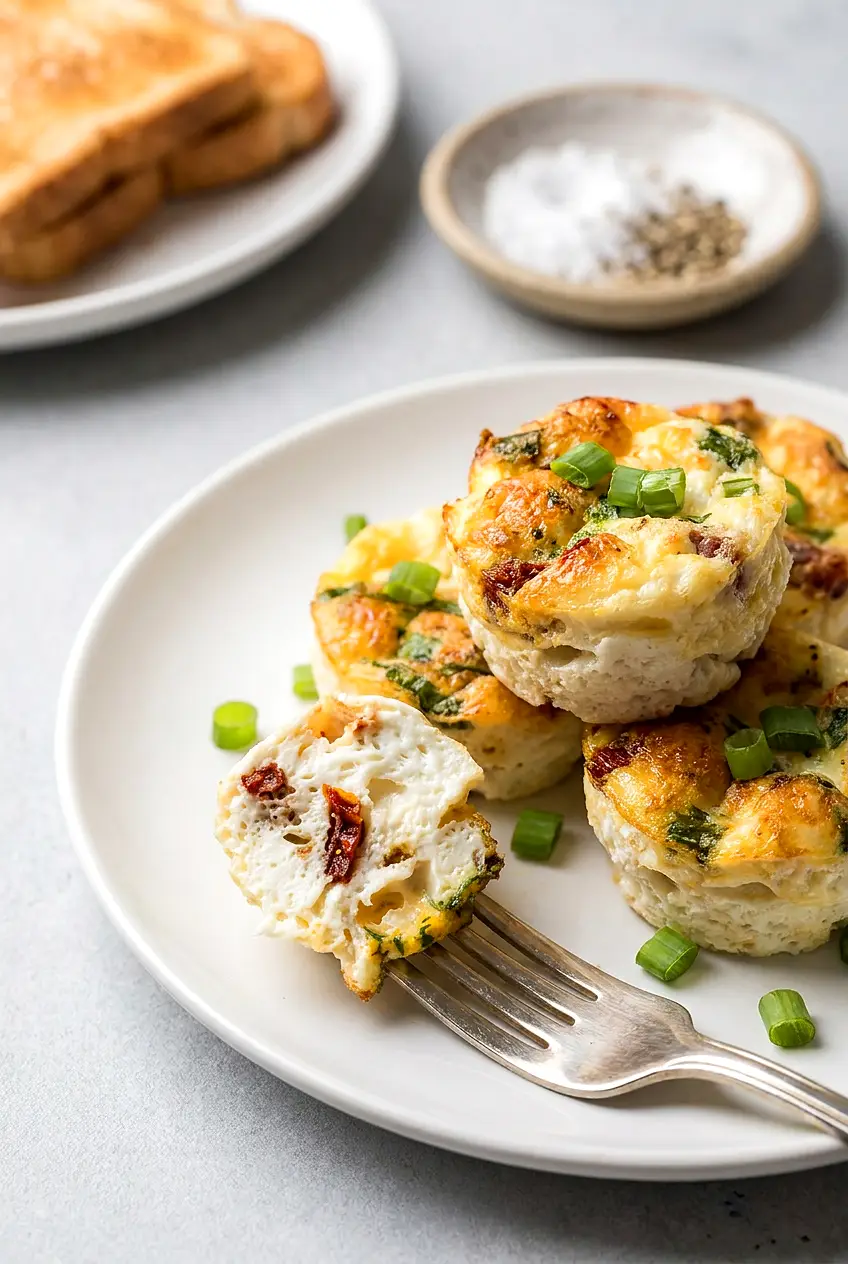Air fryer egg white bites on a plate with toast and salt and pepper in the background, one bite on a fork