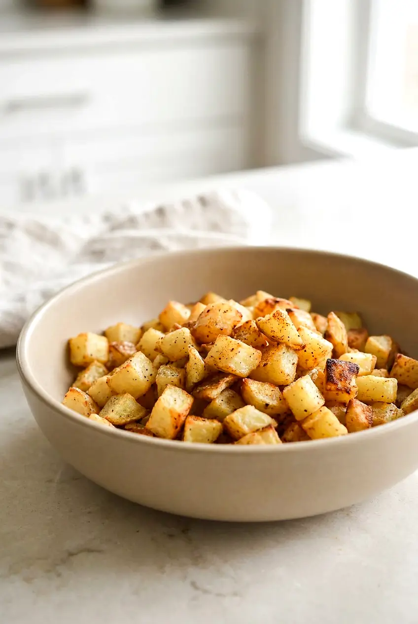 Air fryer potato hash browns served in a bowl with golden crispy edges and simple seasoning.