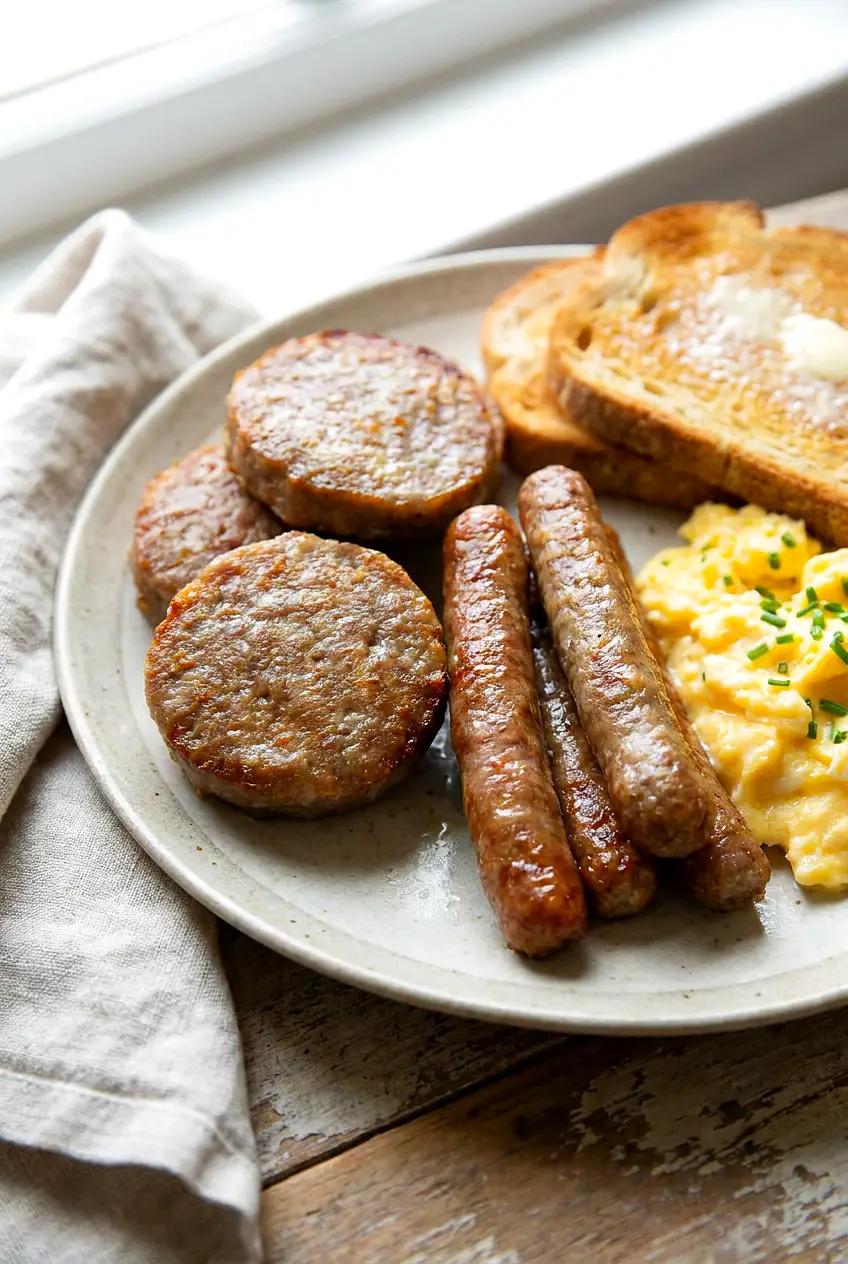 Air fryer breakfast sausage patties served with eggs and toast on a breakfast plate