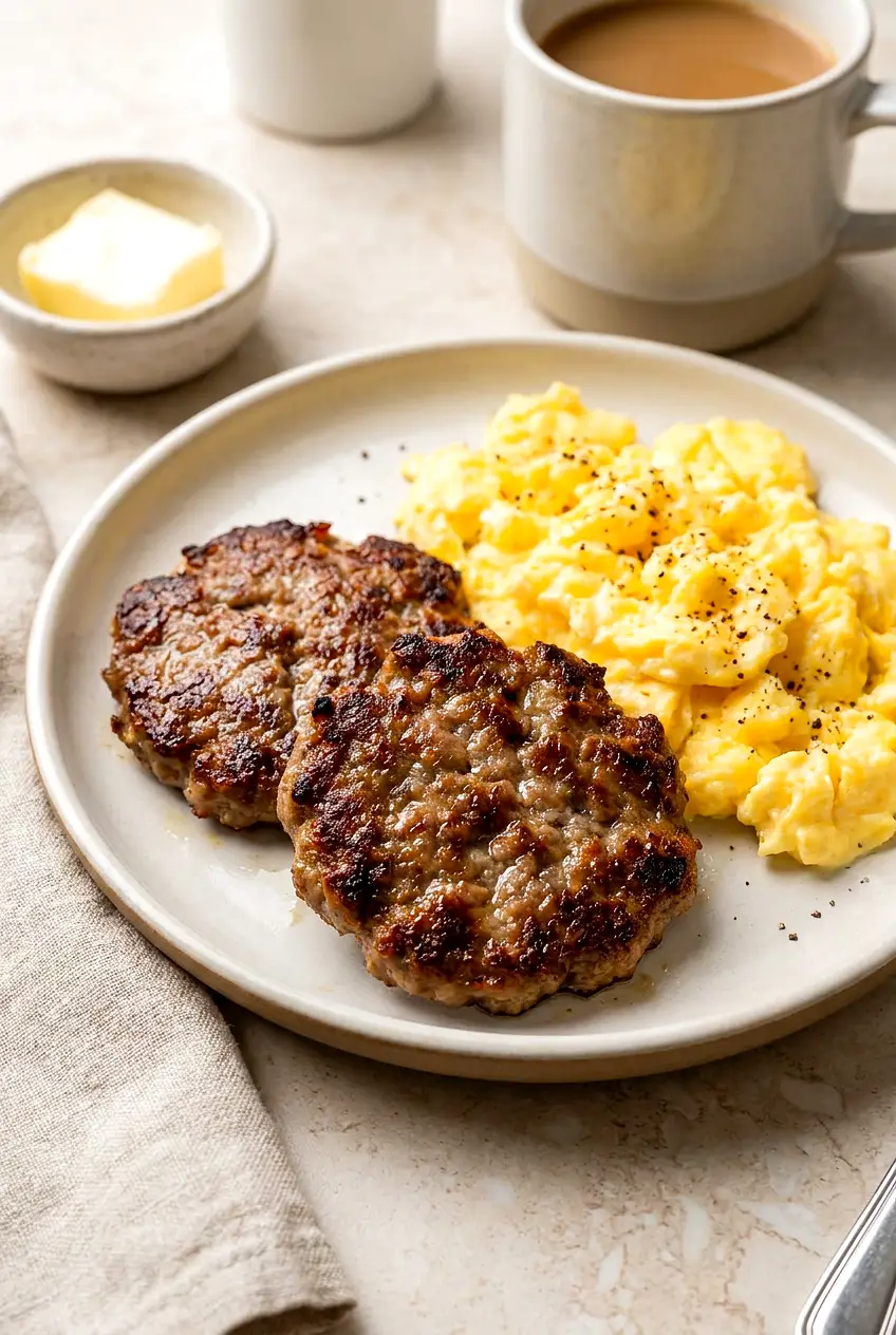 Air fryer breakfast sausage patties served on a plate with scrambled eggs