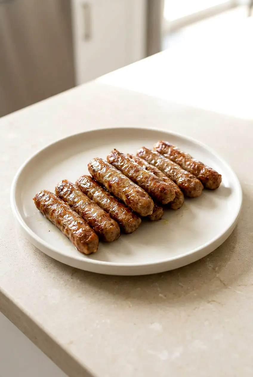 Air Fryer breakfast sausage links on a plate, golden and crisp with browned edges