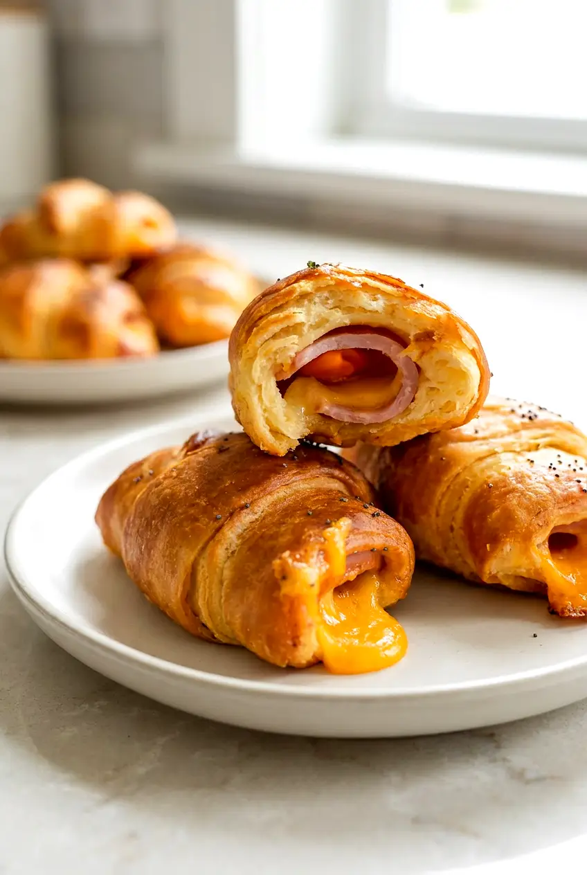 Air fryer ham and cheese croissants served golden and flaky on a plate