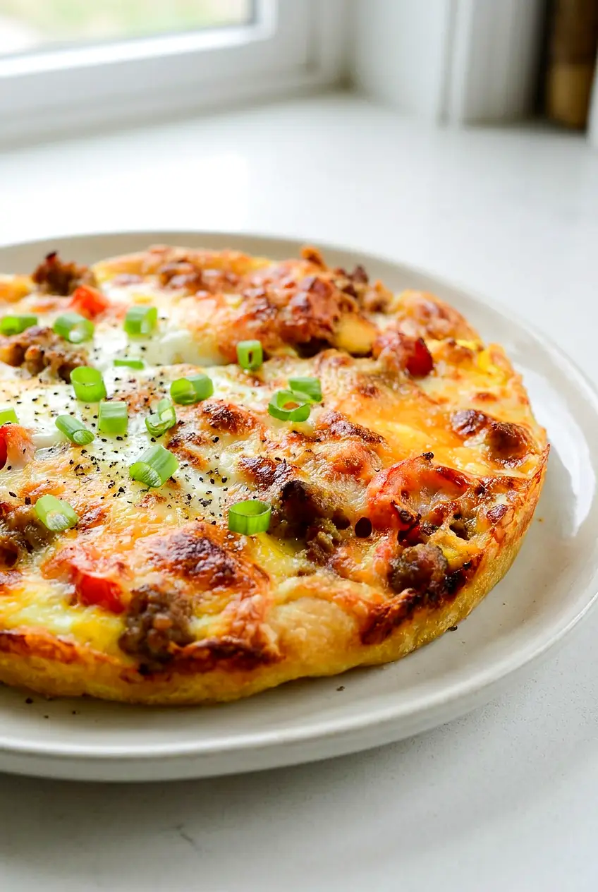 Air fryer breakfast pizza on a plate with melted cheese, sausage, and set eggs on a golden crust.