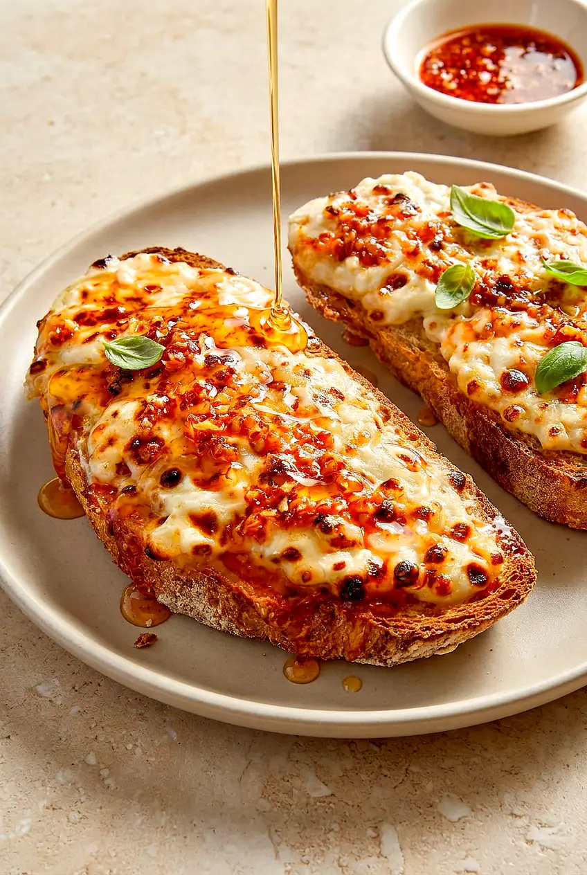 Air fryer cottage cheese pizza toast on sourdough with melted mozzarella, chili crisp oil, hot honey, and basil