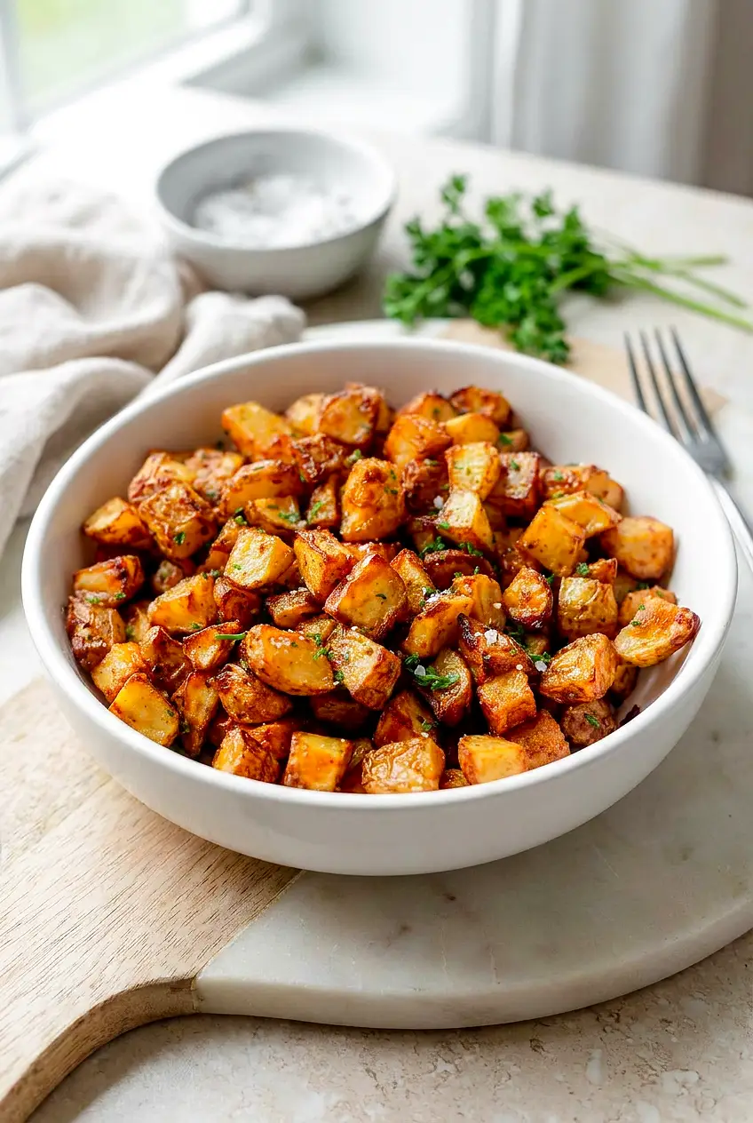 Air fryer breakfast potatoes in a white bowl with golden crisp edges and parsley garnish
