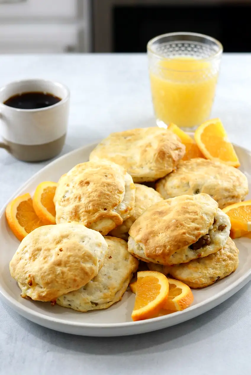 Air fryer sausage biscuits with eggs and cheese on a platter with orange slices and breakfast drinks