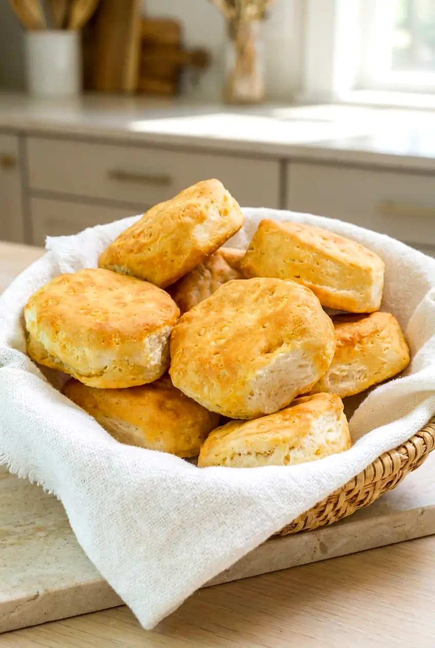 Air fryer canned biscuits served warm in a cloth-lined basket with golden tops