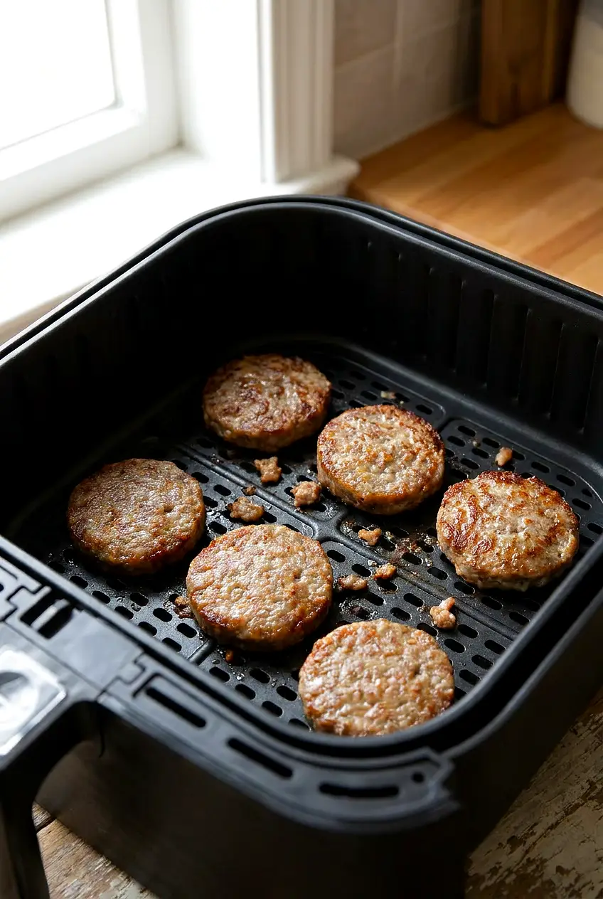 Air fryer breakfast sausage patties browned in the basket with space between each piece