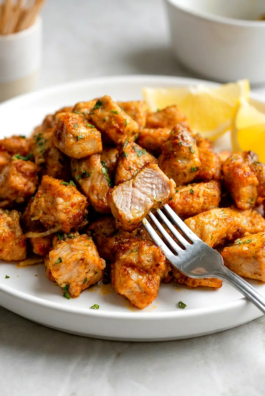 Close-up of Air Fryer Pork Chop Bites, one piece cut open to show juicy center and browned exterior, flecks of parsley.
